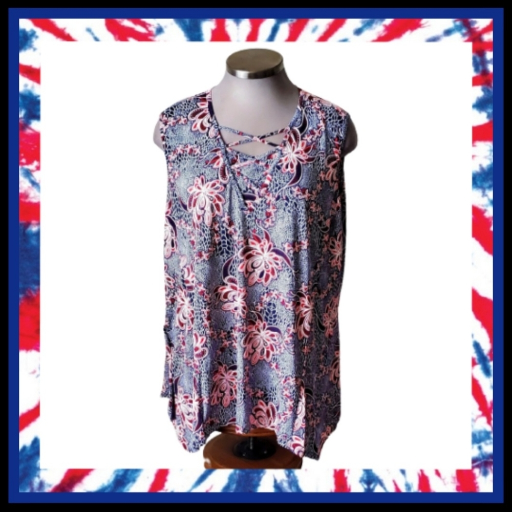 RED WHITE & BLUE ☆ FLORAL ☆ CAGE NECK TANK ☆ 5x ☆ NWT